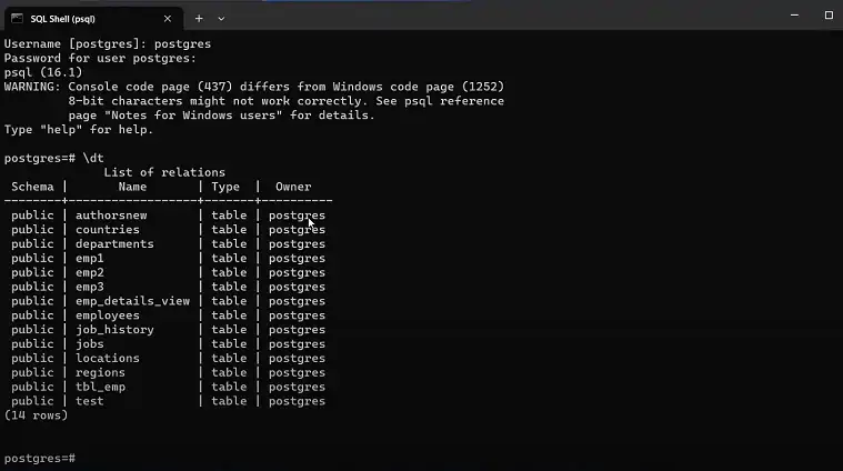 Using \dt Command in psql